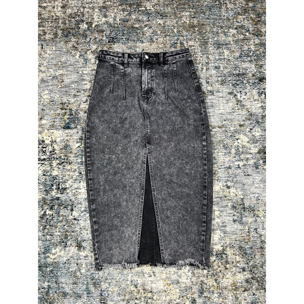 Showpo Washed Black Denim Midi Skirt Front Split Raw Hem Size 6